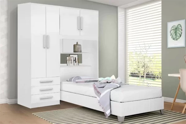 Guarda Roupa Solteiro com Cabeceira 4 Portas Cancun J&A Móveis Branco
