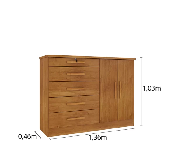 Cômoda Istambul 136x103 cm 5 Gavetas e 2 Portas em MDF Cinamomo - Tcil - Image 2