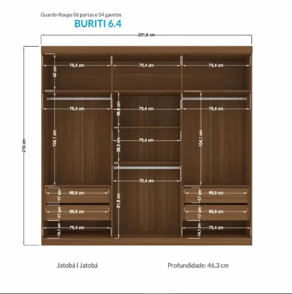 Guarda Roupa Casal 6 Portas Ripado Buriti com Pes Santos - Image 3
