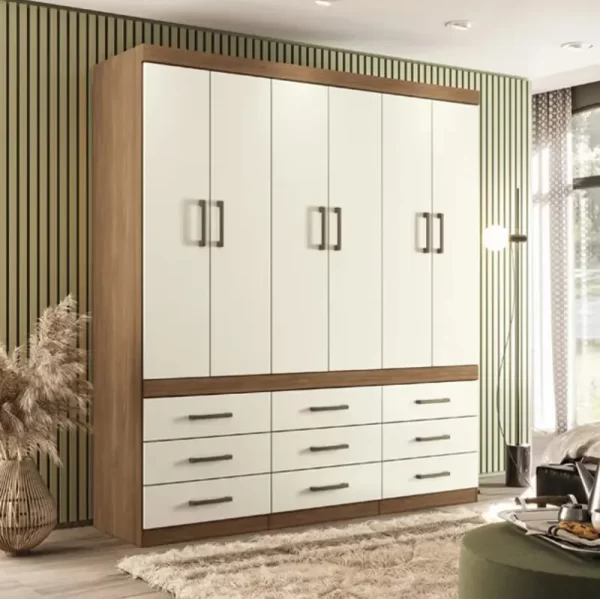 Guarda Roupa Solteiro 6 Portas e 9 Gavetas c/ Espelho e Pés Star 6.9 jatoba/Areia - Santos Andirá