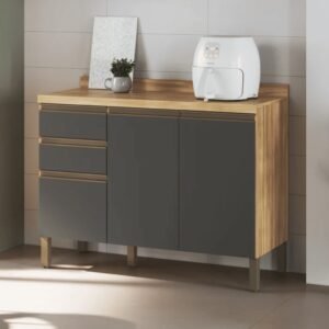 Balcão de Cozinha com Tampo 3 Portas 2 Gavetas em MDF Ronipa Chardonnay Amendoa/chumbo