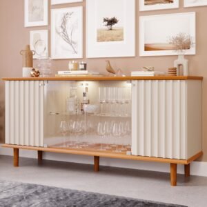 Buffet Aparador 4 portas 100% MDF, com Vidro Temperado Janice Cimol Nature/off White