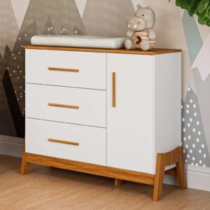 Cômoda Guti 100% MDF, 1 Porta, 3 Gavetas Branco/Amendoa - Peroba