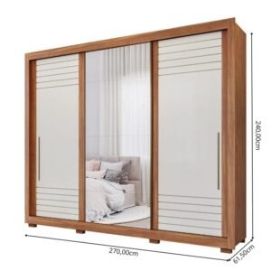 Guarda-Roupa Casal Com Espelho 3 Portas de Correr em MDF Panan Móveis Vitória Branco