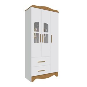 Guarda-Roupa Infantil 100% MDF 3 Portas Moveis Peroba Lisi Branco Brilho/Amêndoa