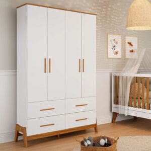 Guarda-Roupa Infantil 100% MDF 4 Portas Moveis Peroba Guti Branco Brilho