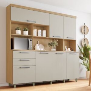 Kit Cozinha Compacta Nesher Nobreza 7 Portas 2 Gavetas 210cm – Carvalho/Greige